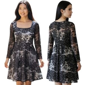 Marchesa Notte Talulah Black Floral Lace Tulle Scoop Neck Mini Dress Size 6 NWT
